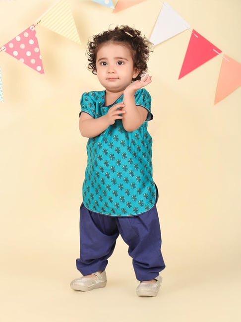 Fabindia Infant Girls Blue Cotton Silk Printed 2pc Salwar Set