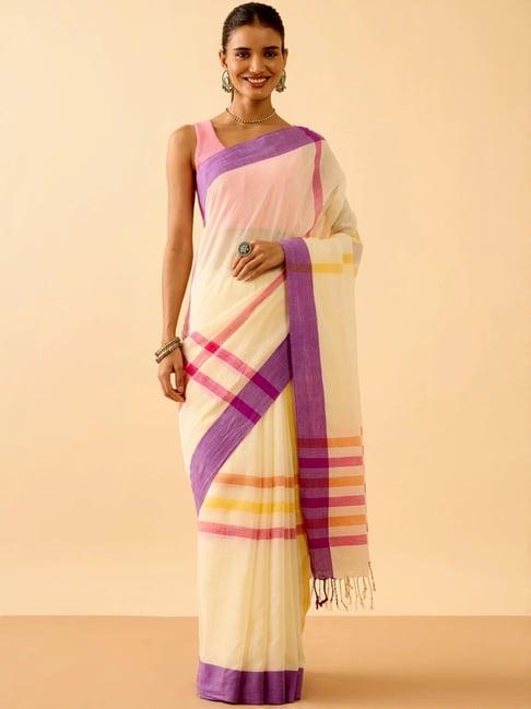 Taneira Off White Cotton Striped Saree With Unstitched Blouse-picture-38
