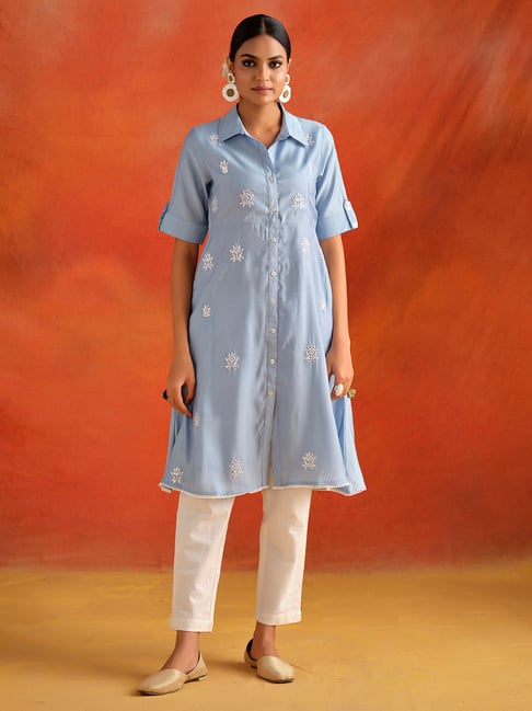 Jaipur Kurti Blue Embroidered A-Line Kurta-picture-20