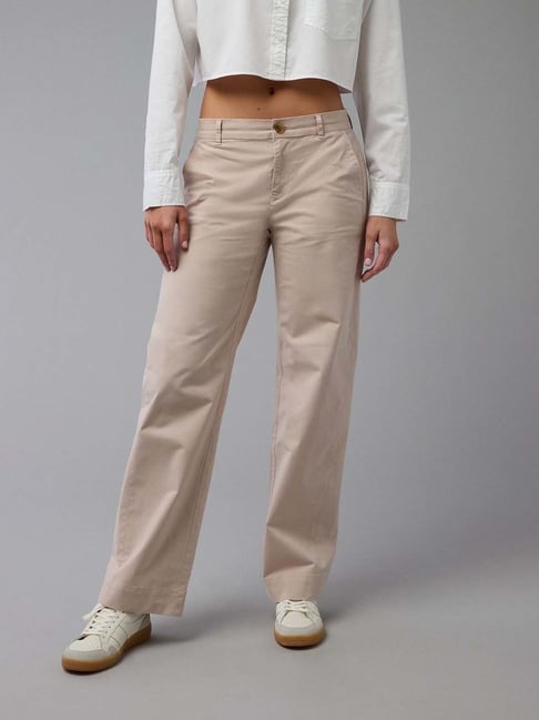 Buy American Eagle Beige Cotton Regular Fit Trousers for Women