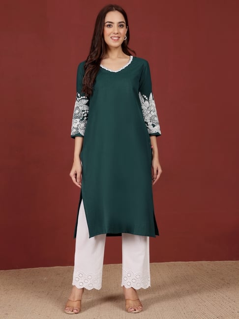 Varanga Green Cotton Embroidered Kurta-picture-24