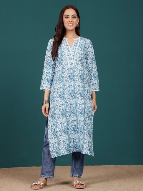 Varanga Blue Cotton Printed Kurta-picture-30