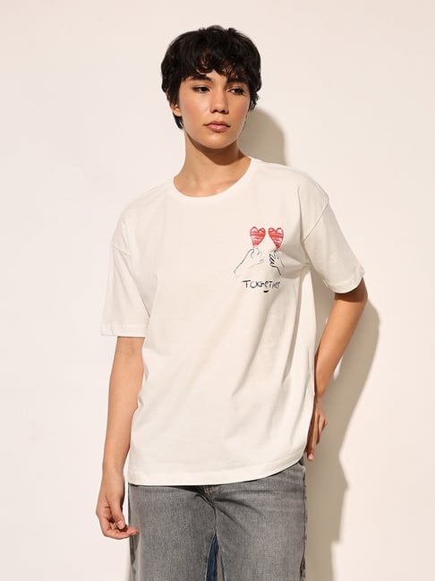 Buy Only White Cotton Solid Short Sleeves T-Shirt for Women Online