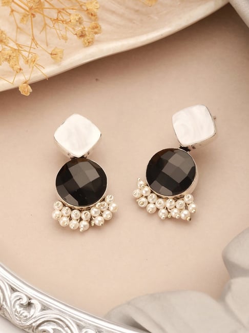 Saraf RS Jewellery Black Statement Silver Oxidised Black Stone Pearl Beaded Minimal Drop Earring-picture-11