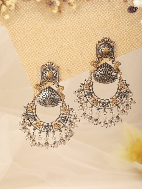 Saraf RS Jewellery Dual Tone Statement Silver Oxidised Pearl Beaded Floral Chand Bali Earring-picture-15