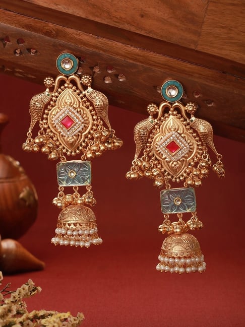 Saraf RS Jewellery Multicolor Statement Gold Toned Kundan Studded Motif Bridal Jhumki Earring