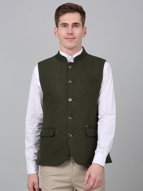 Cantabil Green Cotton Polyblend Regular Fit Self Waistcoat