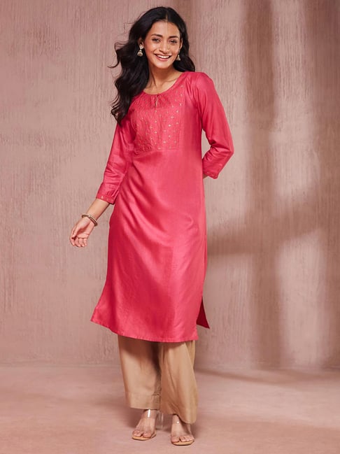 Fabindia Pink Slim Fit Embroidery Kurta-picture-47