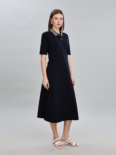 Tommy Hilfiger Navy Cotton Solid Midi Dress