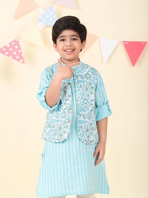 Fabindia Boys Teal Regular Fit Cotton Floral Nehru Jacket-picture-33