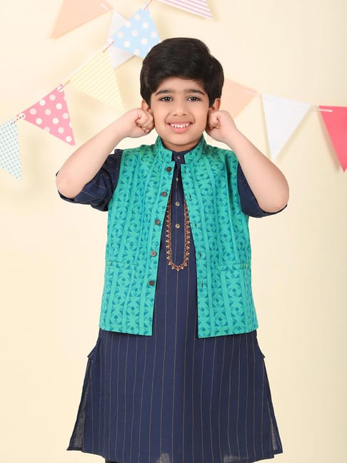 Fabindia Boys Teal Regular Fit Cotton Printed Nehru Jacket-picture-32