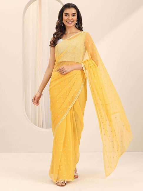 Libas Yellow Embroidered Saree with Unstitched Blouse-picture-45