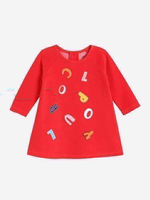 MINIKLUB Girls Red Knit Long Sleeve Typography Applique Dress