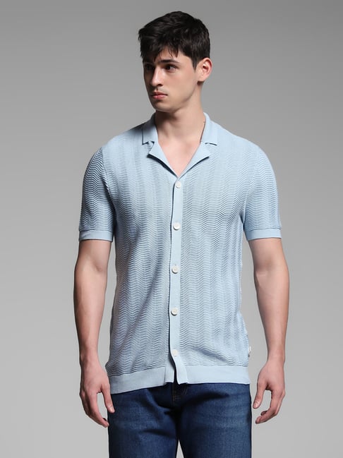 Jack & Jones Sky Blue Cotton Slim Fit Self Pattern Polo T-Shirt-picture-33