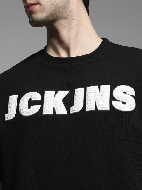 Jack & Jones Black Cotton Loose Fit Logo Printed T-Shirt