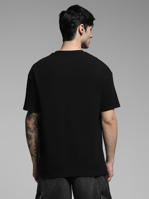 Jack & Jones Black Cotton Loose Fit Logo Printed T-Shirt