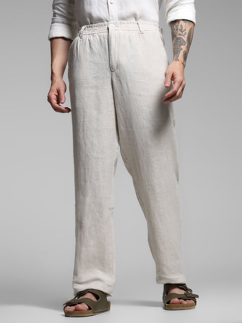 Jack Jones Off White Linen Slim Fit Trousers