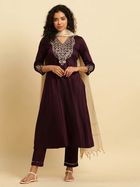 W Purple Embroidered Kurta Bottom Dupatta Set-image-2