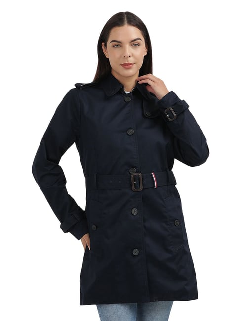 TOMMY HILFIGER Blue Cotton Solid Trench Coat