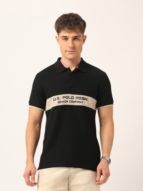 Polo Denim Black Cotton Slim Fit Logo Printed Polo T