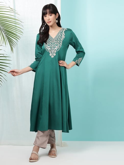 W Green Embroidered Kurta-picture-44