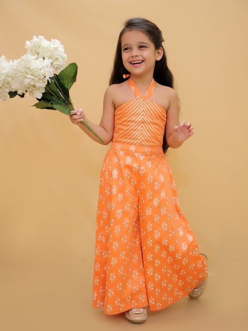 Lil Drama Girls Orange Cotton Embroidery Jumpsuit