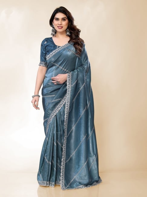 FABMORA Teal Zari Sarees with Unstitched Blouse-picture-45