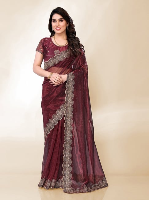 FABMORA Maroon Embroidered Sarees with Unstitched Blouse-picture-14
