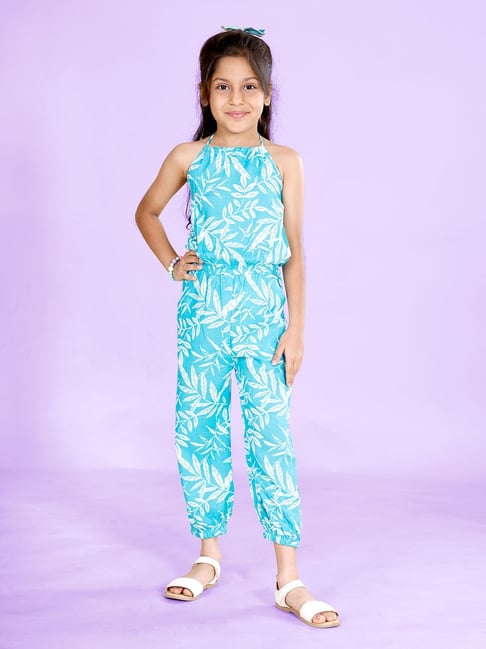 Kiddopanti Girls Blue Rayon Printed Jumpsuit