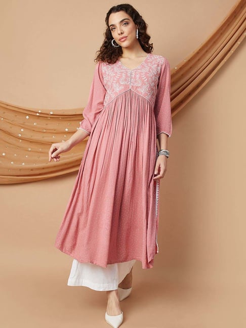 Melange By Lifestyle Pink Cotton Regular Fit Embroidered Kurtas-picture-22