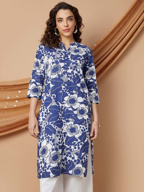 Melange By Lifestyle Navy Cotton Regular Fit Printed Kurta-picture-12