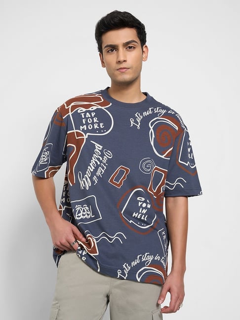 People By Pantaloons Navy Cotton Boxy Fit Printed T-Shirt-picture-12