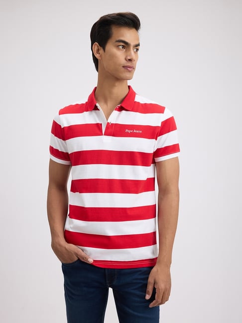 Pepe Jeans Red White Regular Fit Striped Polo T-Shirt