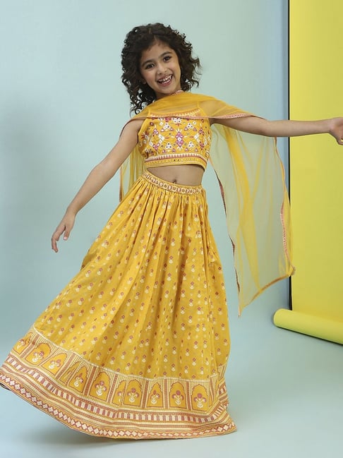 Biba Girls Yellow Cotton Embroidered Lehenga Set-picture-13