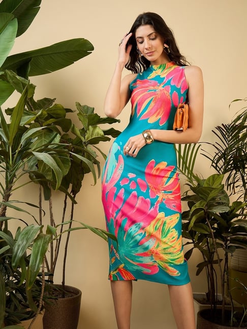 Sleeveless high neck bodycon midi dress in Mint Blue Floral Print
