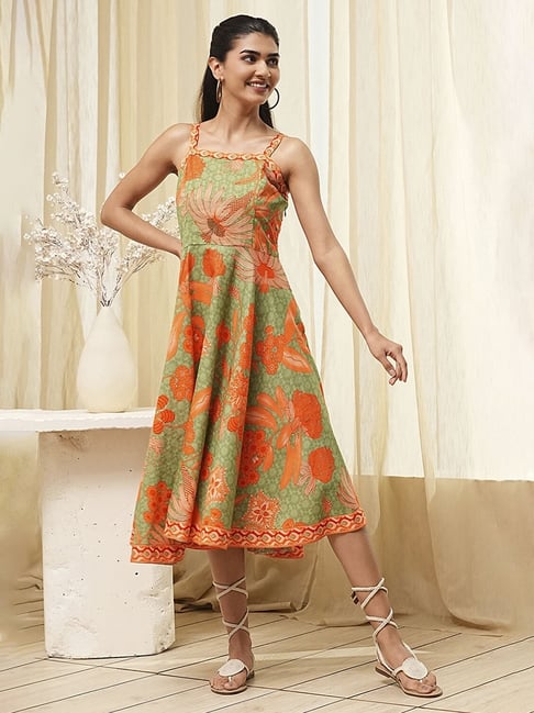 Biba Green Cotton Printed Casual Dress