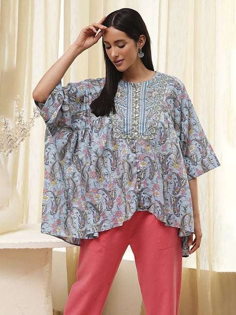 Biba Dull Blue Cotton Printed Kurta-picture-44