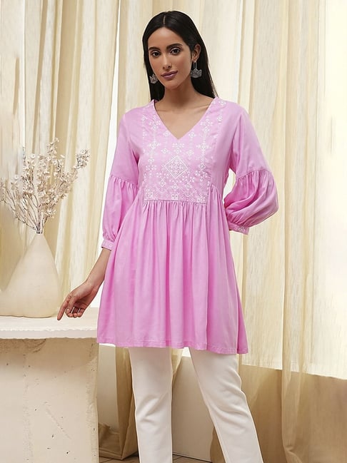 Pink Biba Women Kurtis Biba Pink Rayon Solid Kurta
