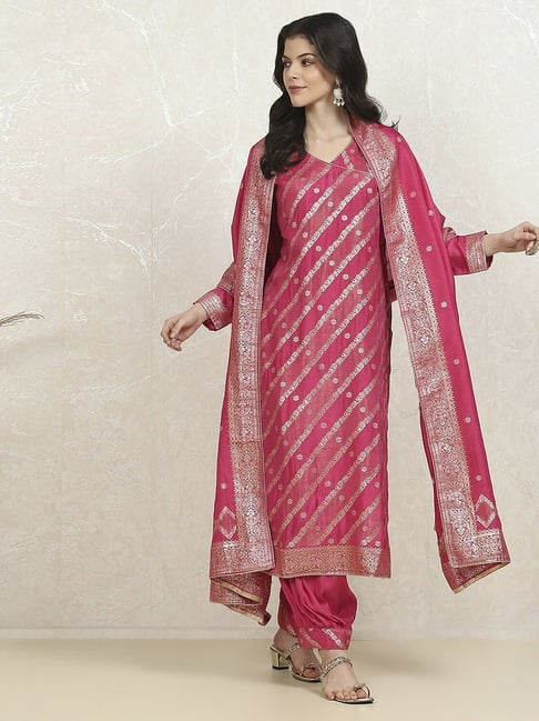 Biba Pink Silk Woven Unstitched Suit Set