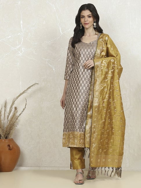 Biba Grey Silk Woven Unstitched Suit Set