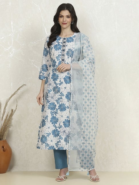 Biba Blue Cotton Printed Unstitched Suit Set