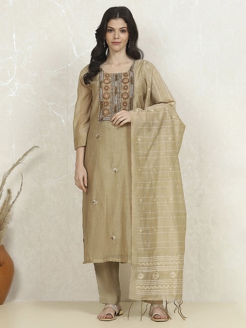 Biba Beige Cotton Embroidered Unstitched Suit Set