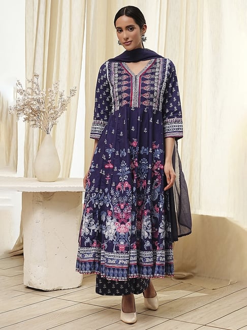 biba cotton anarkali dress Buy Biba Womens Blue Printed Cotton Anarkali Suit (Set of 3) Online