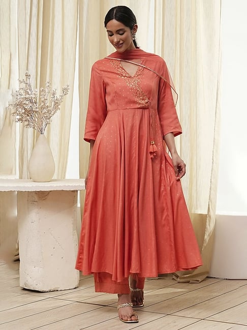 Biba Brand Biba Red Anarkali Suit Biba Peach Modal Printed