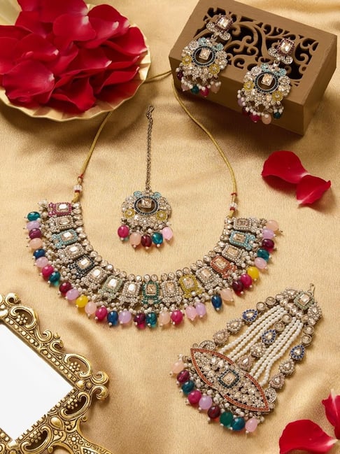 Zaveri Pearls MulticolorStones Beads Antique Necklace, Earrings, Maangtikka & Jhoomar Set-picture-33