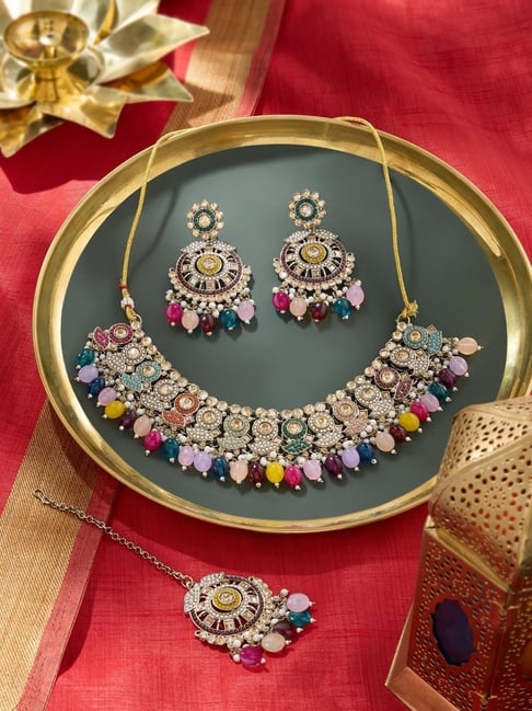 Zaveri Pearls MulticolorStones Beads Antique Bridal Necklace, Earring & Maangtikka Set-picture-34