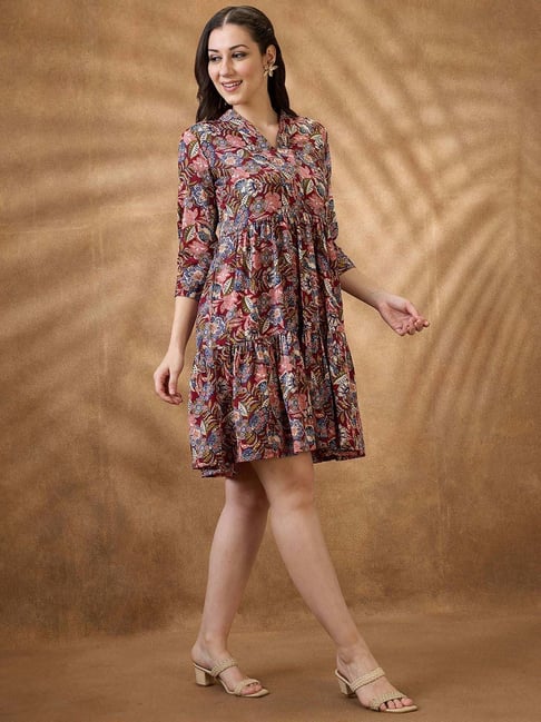 Globus Women Multi Color Floral Print V-Neck Tiered A-Line Mini Fusion Dress