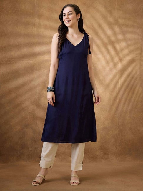 Globus Women Blue Woven Design Tie-Up Neck A-Line Fusion Kurta-picture-24