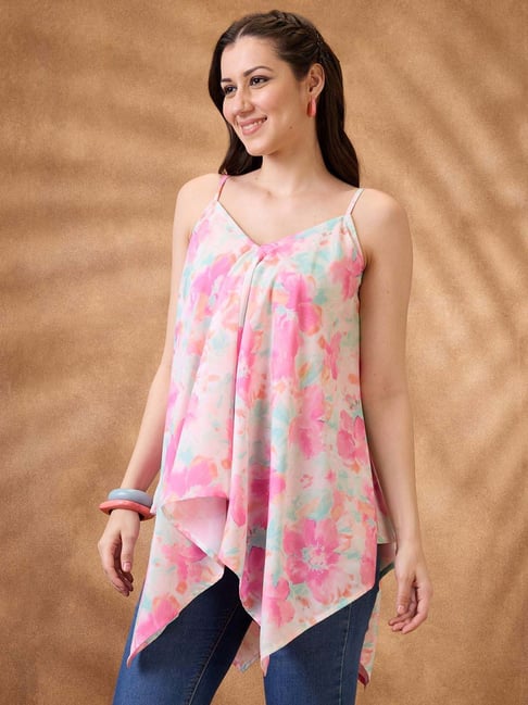 Globus Women Pink V-Neck Strappy Shoulder Floral Print Asymmetric Hem Fusion Tunic-picture-23