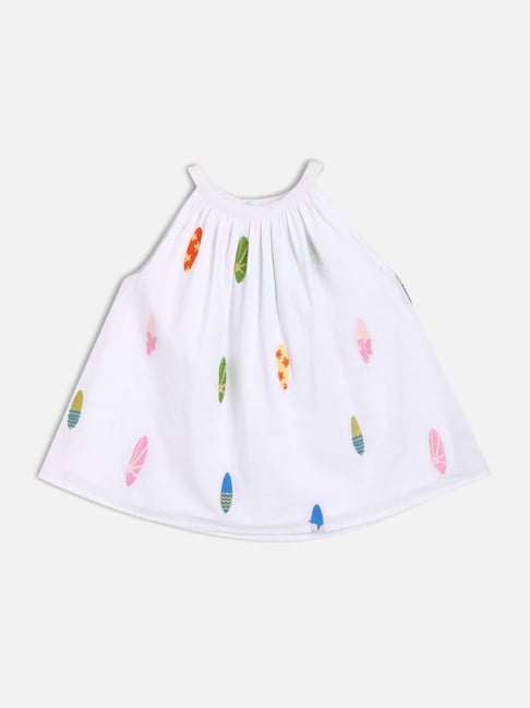 MINIKLUB Girls White Cotton Sleeveless Embroidered Dress-picture-22